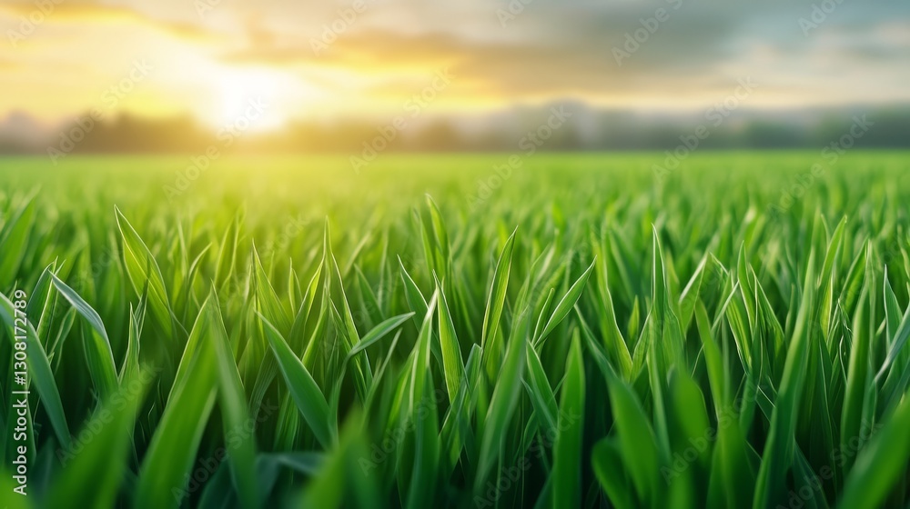 Fototapeta premium Golden sunset meadow, vibrant green grass landscape at twilight,nature photography background