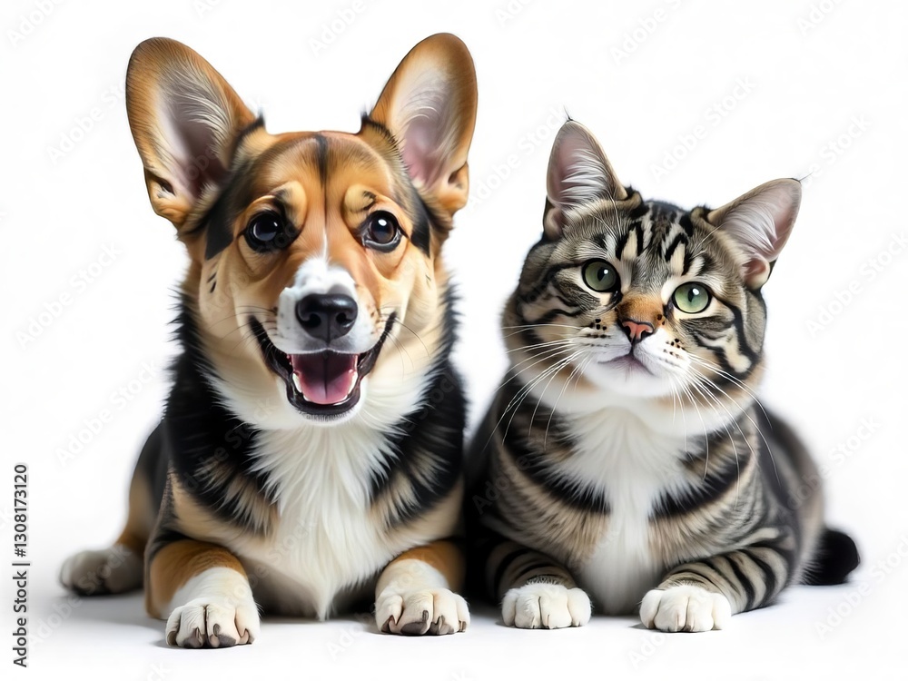 Obraz premium Corgi Dog and Tabby Cat Lying Down Together on White Background