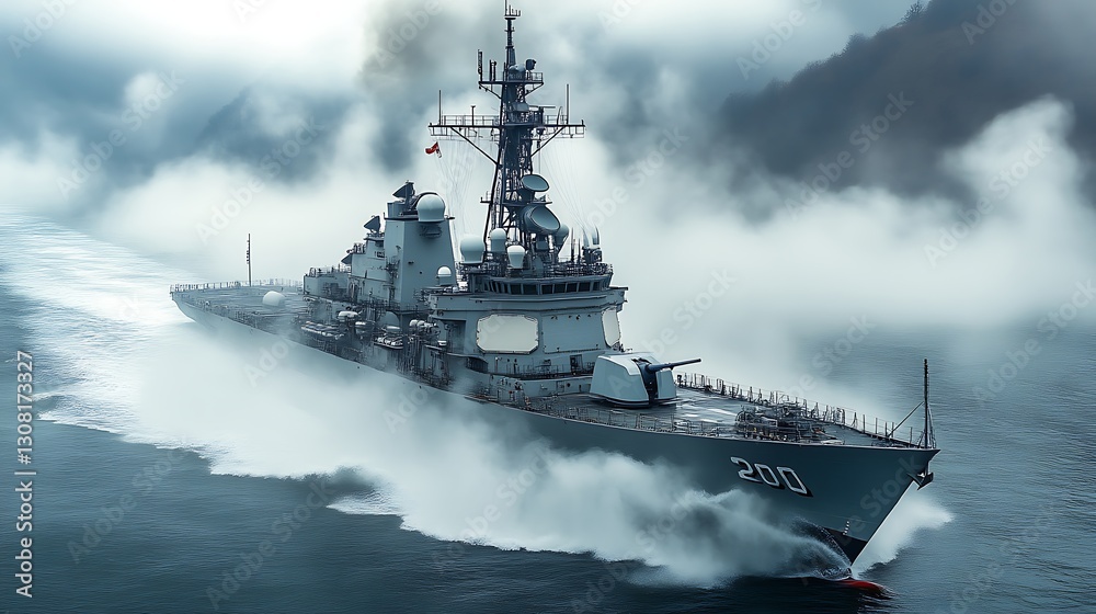 Modern Destroyer Ship Sailing Through Misty Ocean Waters Modern Destroyer Ship Sailing Through Misty Ocean Waters