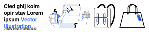 Male character exploring map for trip location on app, next to travel backpack and purse accessories. Ideal for travel, navigation, apps, planning, e-commerce, lifestyle tourism. Flat landing page