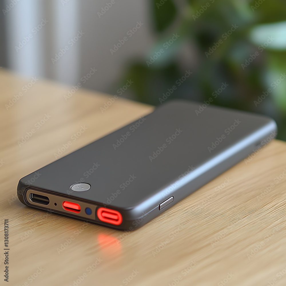 Gray Portable Charger on Wooden Table Gray Portable Charger on Wooden Table