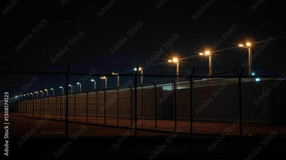 Nighttime view of a prison perimeter fence with security lights, nighttime visibility, closed circuit monitoring, security lighting Nighttime view of a prison perimeter fence with security lights, nighttime visibility, closed circuit monitoring, security lighting