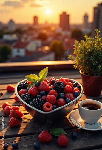 Heart bowl of berries at sunset for romantic dinners and evening gatherings photo