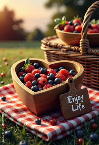 Heart-shaped bowl of mixed berries for picnics and Easter celebrations photo