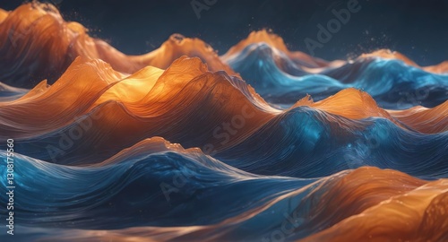 Orange and blue abstract waves in shimmering air, atmospheric, wispy