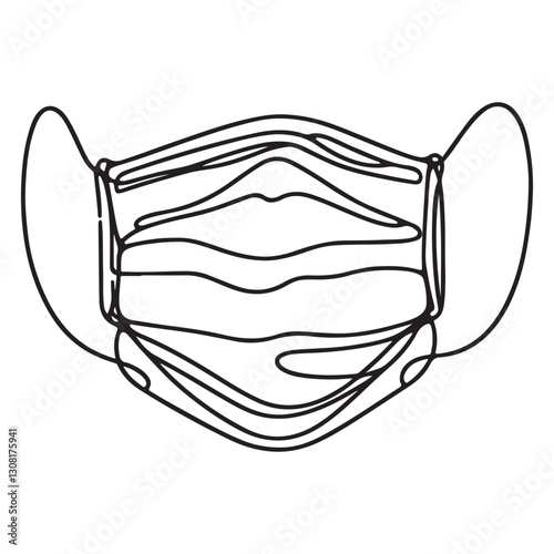 continuous one single black line art doodle drawing of Stylized surgical mask with an elastic band and folds illustration