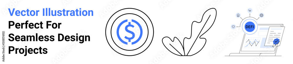 Dollar sign inside a circular badge, leaf outline, laptop displaying technology data. Ideal for finance, analytics, nature, modern tech, minimal design, sustainability flat landing page banner Dollar sign inside a circular badge, leaf outline, laptop displaying technology data. Ideal for finance, analytics, nature, modern tech, minimal design, sustainability flat landing page banner