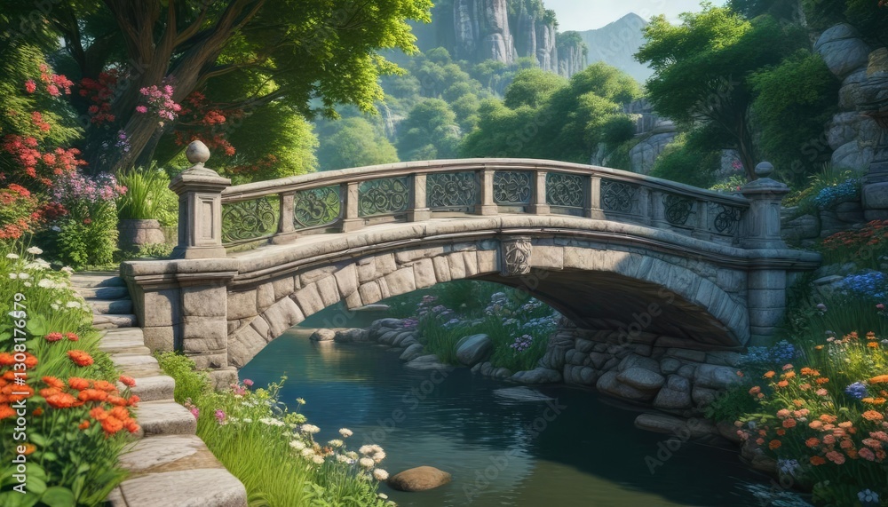 Ornate stone bridge with lush greenery and vibrant flowers , greenery, key west, bridge Ornate stone bridge with lush greenery and vibrant flowers , greenery, key west, bridge