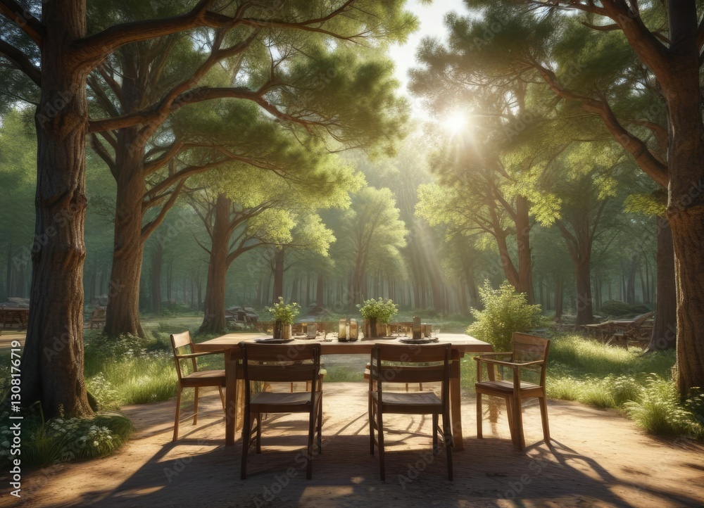 Outdoor dining area under pine tree canopy in forest during spring season, tranquil scene, picnic scene, picnic bench, scenic, outdoor furniture Outdoor dining area under pine tree canopy in forest during spring season, tranquil scene, picnic scene, picnic bench, scenic, outdoor furniture