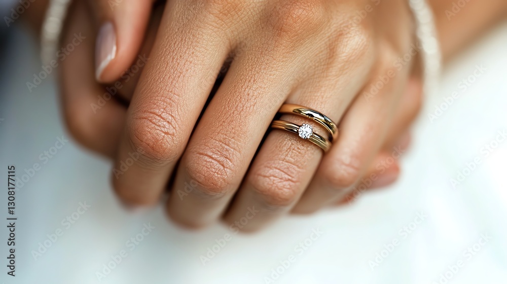 Aerial shot of a couples intertwined fingers with rings, softfocus dreamy background, romantic moment Aerial shot of a couples intertwined fingers with rings, softfocus dreamy background, romantic moment
