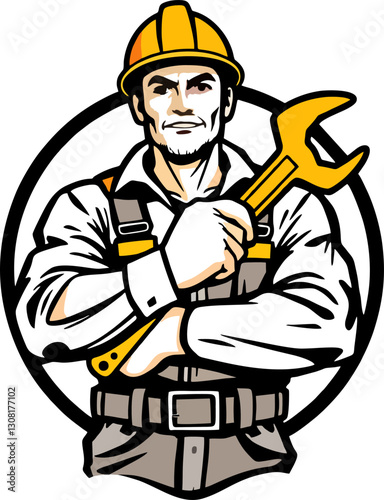 A bold and determined construction worker wearing a safety helmet and holding a wrench, symbolizing strength, expertise, and reliability in industrial and mechanical work.
