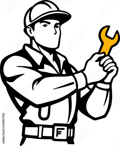 An illustration of a professional mechanic or technician holding a wrench, symbolizing reliability and expertise in repair and maintenance services. 