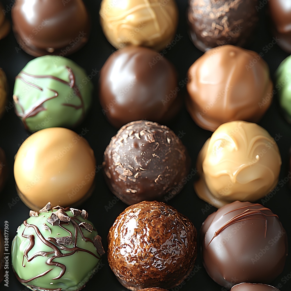 Assorted chocolates arranged on dark surface Assorted chocolates arranged on dark surface