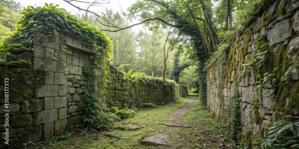 Overgrown stone wall with vines and moss, decay, wall, natural Overgrown stone wall with vines and moss, decay, wall, natural