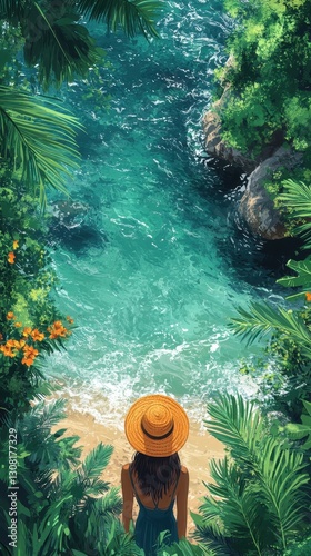 Aerial view of a tropical beach setting with a person wearing a straw hat standing amidst lush greenery, gazing at the crystal-clear turquoise water.