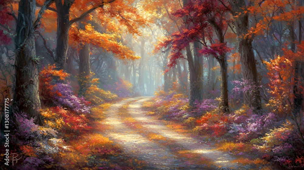 Fototapeta premium Autumn Forest Path with Vibrant Colors and Sunlight