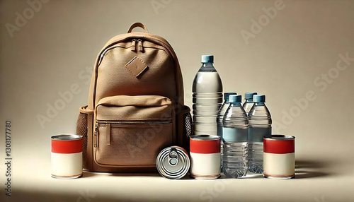 pile of bottled water, canned goods, and other supplies next to a disaster prevention backpack highlights the importance of being prepared for emergencies