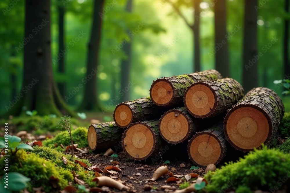 A stack of freshly cut logs rests on a bed of moss in a sun-dappled forest clearing, symbolizing the cycle of life and the sustainable use of natural resources. A stack of freshly cut logs rests on a bed of moss in a sun-dappled forest clearing, symbolizing the cycle of life and the sustainable use of natural resources.