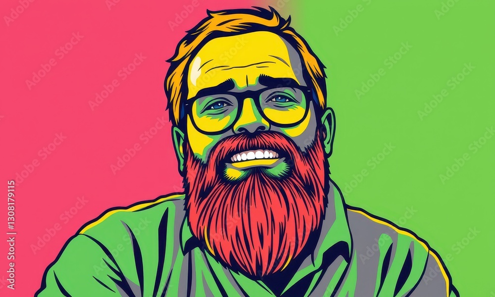Colorful Digital Art of a Bearded Man with Glasses Smiling Against a Vibrant Dual-Toned Background in a Pop Art Style Aesthetic