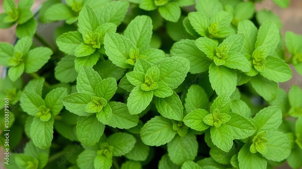 Close-up of fresh mint plant leaves, popular herb for adding flavor to dishes, known for its cooling properties and digestive benefits, perennial, mentha dynasty Close-up of fresh mint plant leaves, popular herb for adding flavor to dishes, known for its cooling properties and digestive benefits, perennial, mentha dynasty