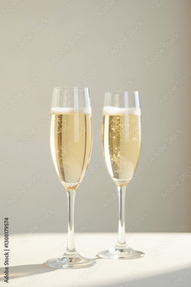 Two elegant champagne flutes filled with sparkling wine, bathed in soft sunlight on a pristine white surface Two elegant champagne flutes filled with sparkling wine, bathed in soft sunlight on a pristine white surface