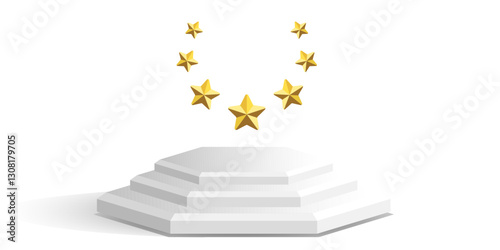 Hexagon podium with golden stars floating above, symbolizing achievement, excellence, and ranking. Perfect for awards, ratings, success, and competition concepts.