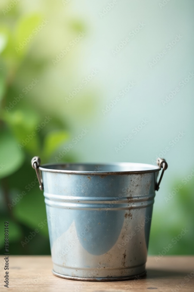 A weathered metal pail sits on a wooden surface, a tranquil scene with blurred greenery in the background.