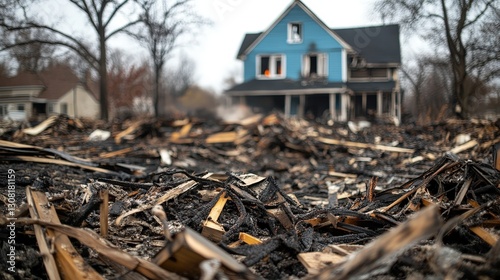 A striking close-up of charred debris, blending dark browns with deep blacks, exudes raw intensity amidst the rubble's chaotic beauty photo