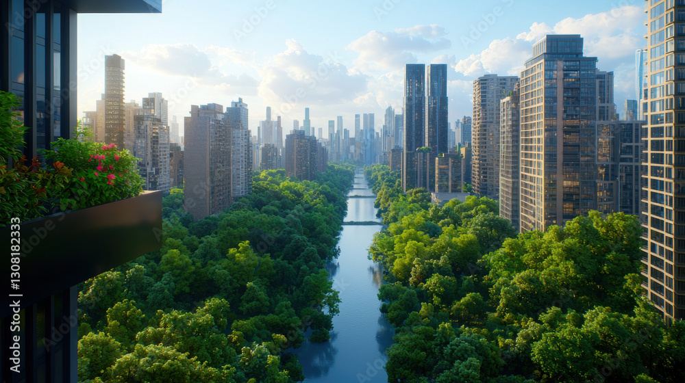 Fototapeta premium Urban reforestation projects showcased in realistic photography of a vibrant city with a serene river flowing through