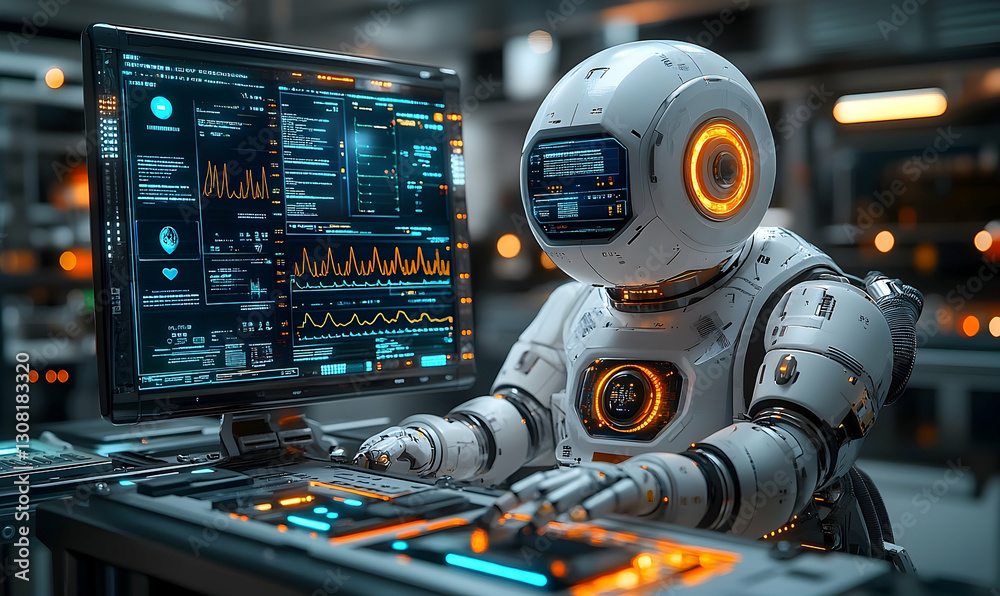 Robot working at computer in futuristic factory Robot working at computer in futuristic factory