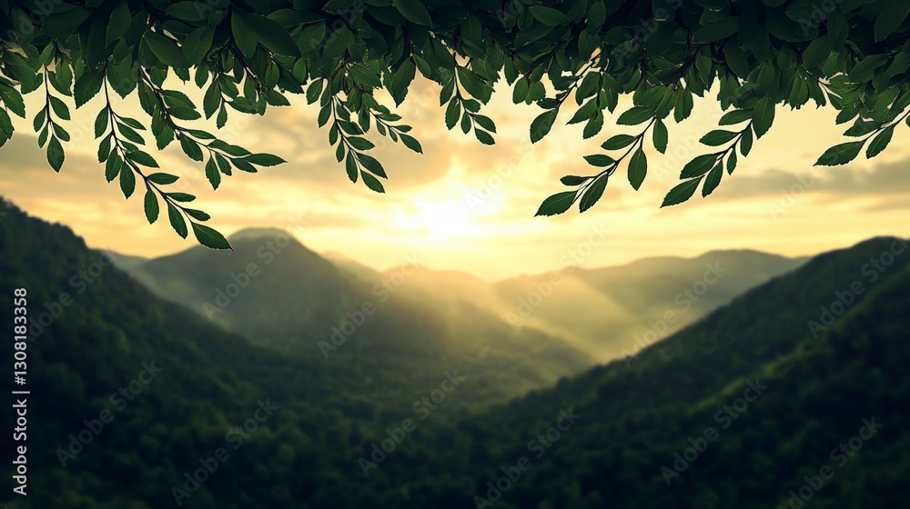 Fototapeta premium Serene Sunset Mountain Landscape Misty Forest Canopy Green Leaves Golden Hour