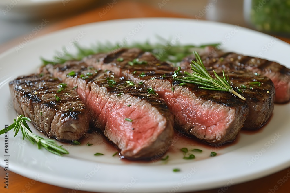 Sliced steak rests with rosemary on plate Sliced steak rests with rosemary on plate