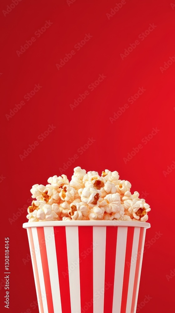 Create a nostalgic and vibrant scene featuring classic theater popcorn in a red and white striped container, set against a bold red background, capturing the essence of movie-time snacks, copy space Create a nostalgic and vibrant scene featuring classic theater popcorn in a red and white striped container, set against a bold red background, capturing the essence of movie-time snacks, copy space