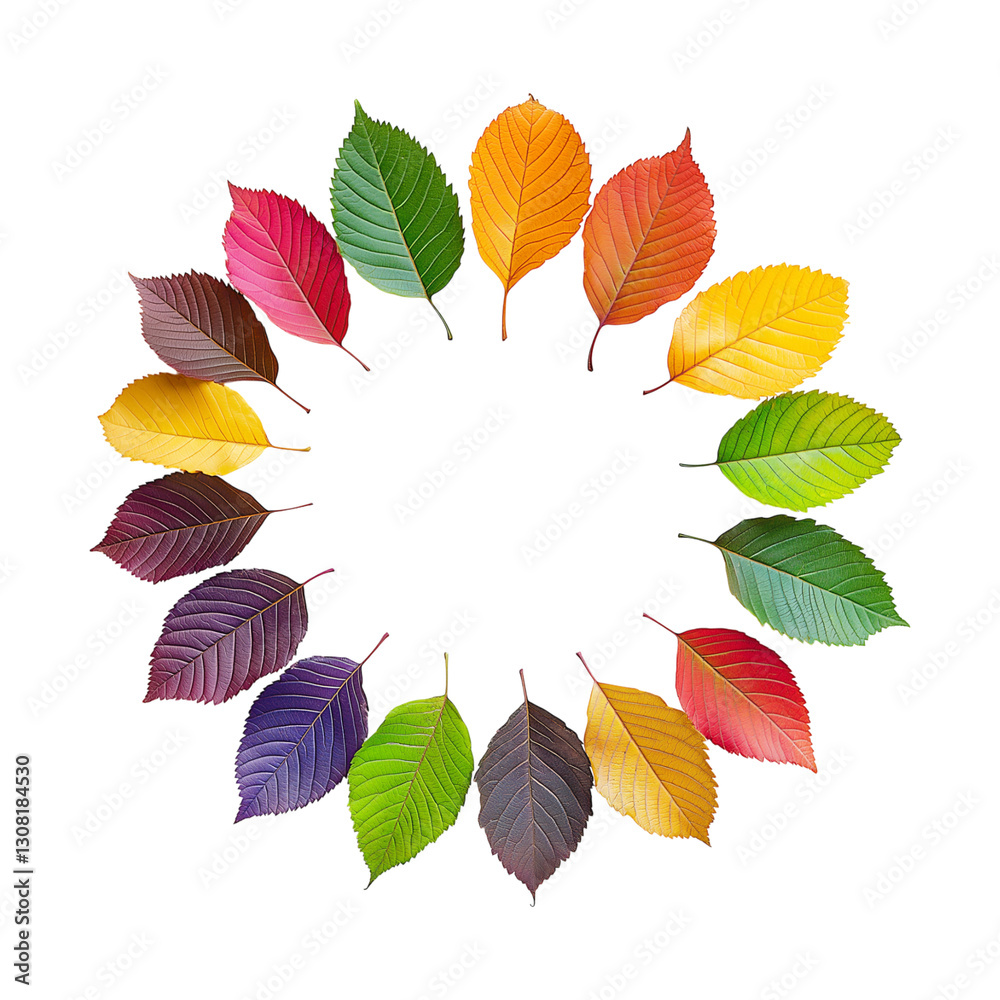 Fototapeta premium Circle of Colorful Autumn Leaves Arranged in a Wreath Shape