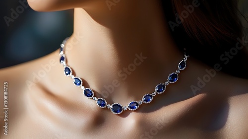 A woman wearing a blue necklace with diamonds