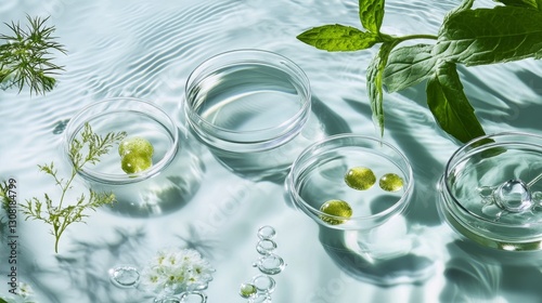 Floating petri dishes amidst calm water ripples in a botanical setting nature photography tranquil environment serene viewpoint