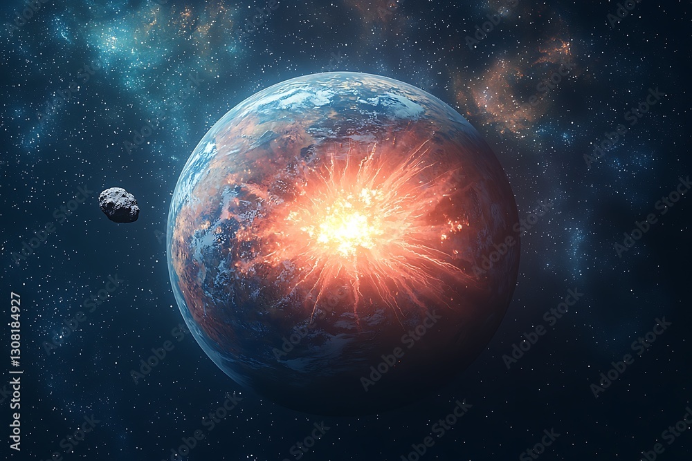 Obraz premium Asteroid Impacting Earth in Space