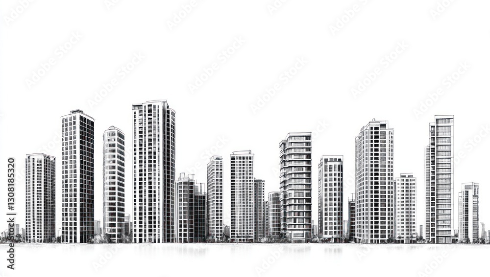 Fototapeta premium Monochrome cityscape skyline illustration.
