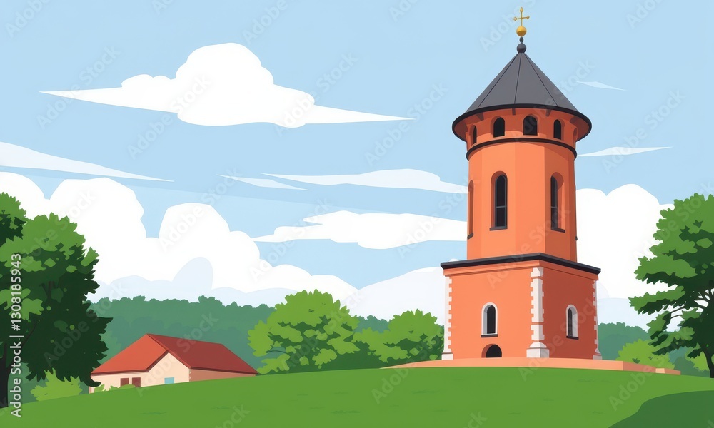 Naklejka premium Illustrative depiction of a solitary red brick water tower with a cone-shaped roof and surrounding green landscape on a clear day under a blue sky.