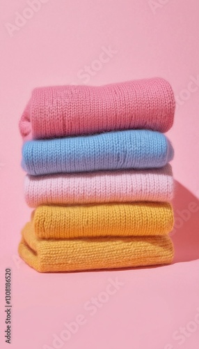 Sweaters stack with pink, blue and yellow colors, warm winter fashion style