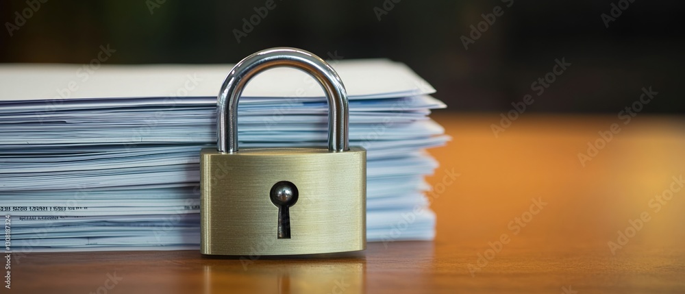 Naklejka premium Wealth Protection Portfolio Concepts. Locked padlock on a stack of papers representing security and confidentiality.