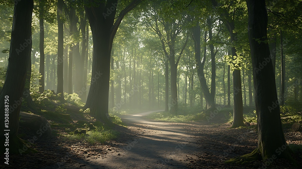 Fototapeta premium Sunlight streams through a forest canopy onto a winding path