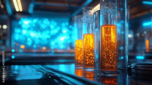 Experimenting with glowing orange and blue liquids in test tubes a scientific exploration in a laboratory environment