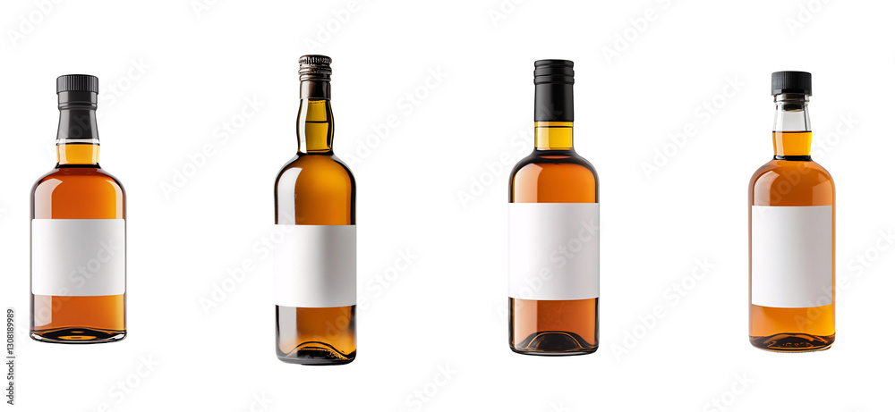 Four Bottles of Whiskey with Blank Labels on White Background. Four Bottles of Whiskey with Blank Labels on White Background.