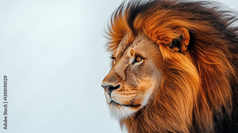 Fototapeta premium A regal lion bares its soul through an intricately patterned mane of brown, black, and hints of orange. Its majestic presence radiates power and grace in this intimate portrait