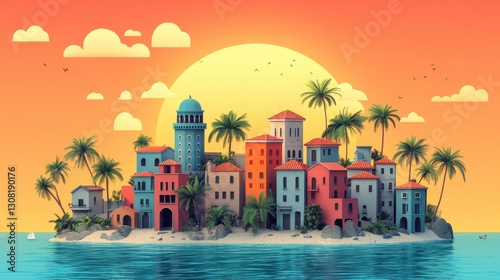Scenic Tropical Island with Vibrant Sunset and Mediterranean-Inspired Architecture Surrounded by Palm Trees Set Against a Colorful Oceanic Horizon