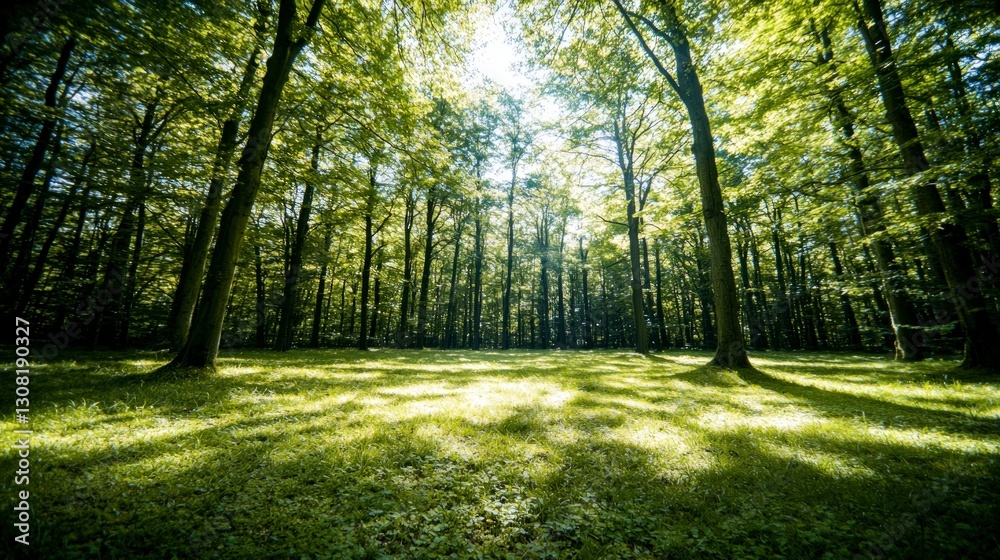 Obraz premium Serene Sunlight Dappled Forest Tranquil Nature Scene Peaceful Green Woods
