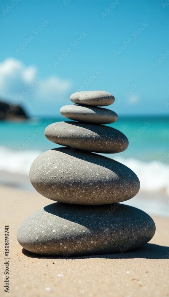 Balanced grey stones on sandy beach, blue ocean, beach, travel, day Balanced grey stones on sandy beach, blue ocean, beach, travel, day