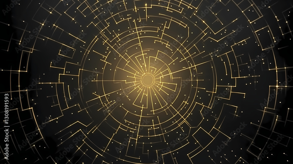 Obraz premium Abstract Golden Network with Circular Geometric Elements on a Dark Background