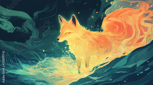 A luminous fox spirit animal emerging from a radiant landscape. Luminous - River. Illustration
